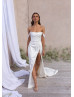 Ivory Satin Pearls Embellished Wedding Dress With Detachable Straps